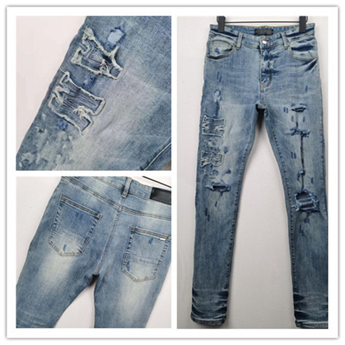 

Mens Jeans Designer Brand Men Washed Design Blue Slim-leg Lightweight Denim Stretch Hip Hop Wrinkle patch Skinny Top Quality Pants Size W28-W38, Blue 1#