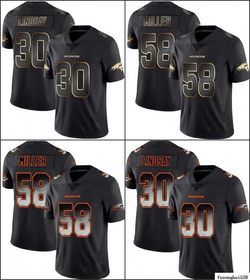 

Custom DenverBroncosMen Limited #30 Phillip Lindsay 58 Von Miller Smoke Fashion Women Youth Black Golden Jersey