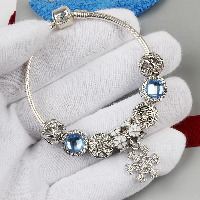 

Fashion Original Pandoras 925 Silver Blue Crystal Snowflake Pendant Bracelet Jewelry Beads Charm Valentine's Day Gift Bracelets, Golden;silver