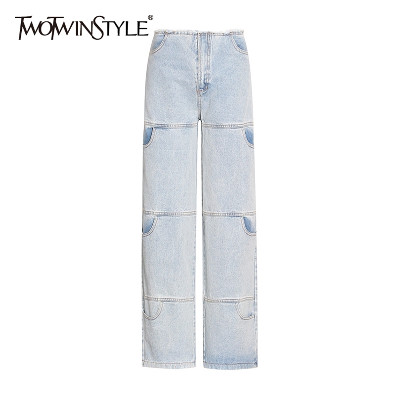 

Casual Denim Blue Pants For Women High Waist Straight Patchwork Wide Leg Jeans Female Fashion Clothing 210521