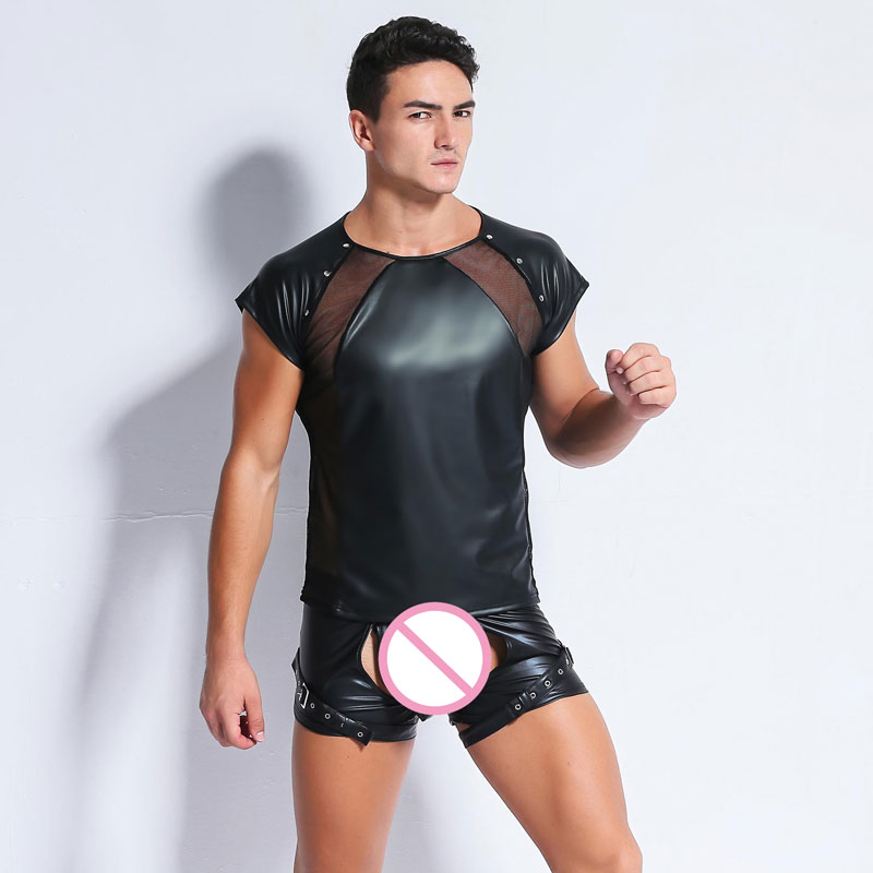 

Sexy Men Plus Size Patchwork Gothic Mesh PU Faux Leather T-Shirt Shiny Punk T-Shirt Cool Men Tops Night Tight Shirts Gay Wear 32, Black;white