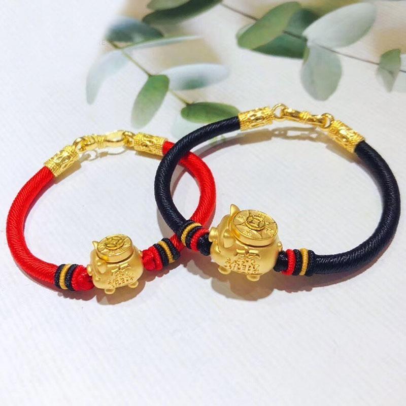 

Pure 24K Yellow Gold Pig Bracelet Weave 3D 999 Turn Beaded, Strands, Black