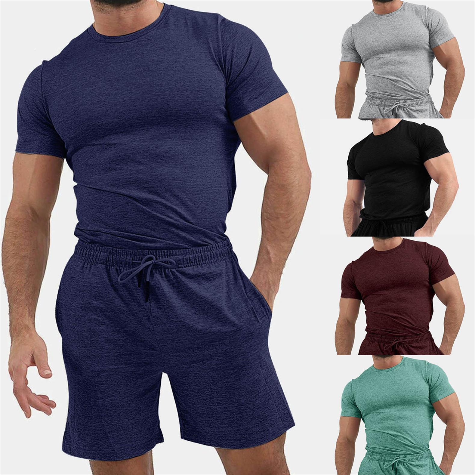 

summer 2 piece set mens tracksuits beach short sleeve t shirt shorts pants sets men pure color suit clothes ropa, Gray