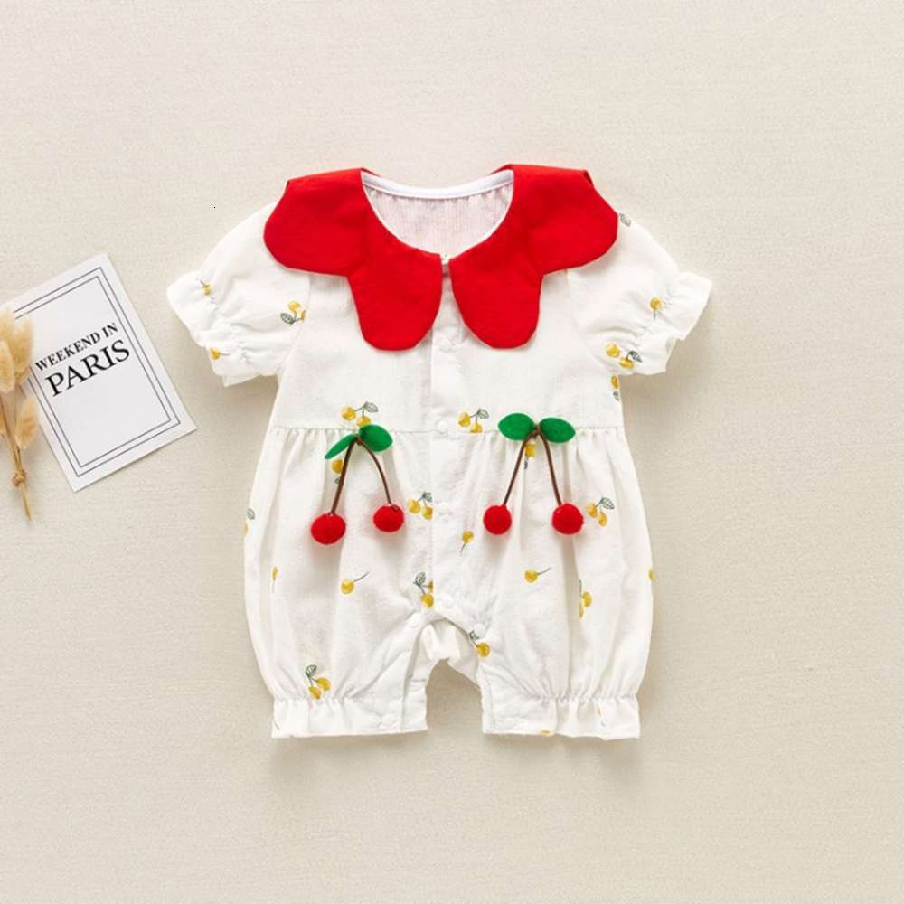 

Net red born clothes summer baby girl one piece cherry thin cute fashion Princess 100 days out, White