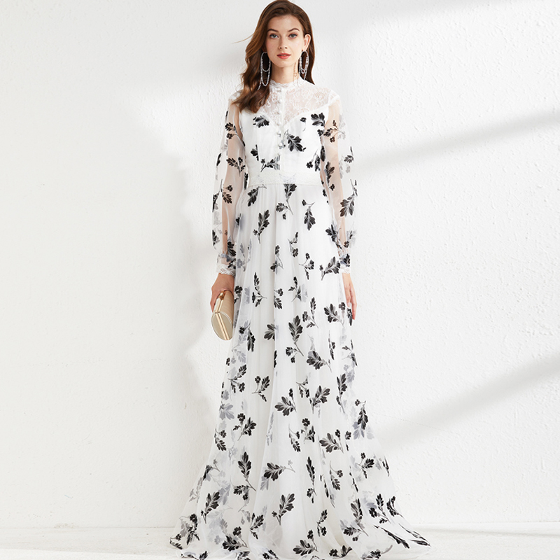 

Women' Runway Dresses O Neck Long Sleeves Lace Patchwork Printed Organza Elegant Maxi Floor Length Party Prom, Multi