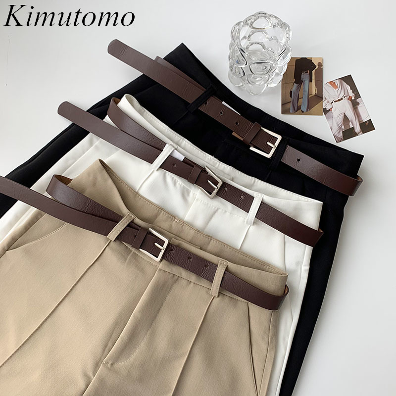 

Kimutomo Solid Casual Pants Ladies Fashion Spring Korean Loose Pockets High Wasit Wide Leg Knee Length Pants Belt 210521, Black