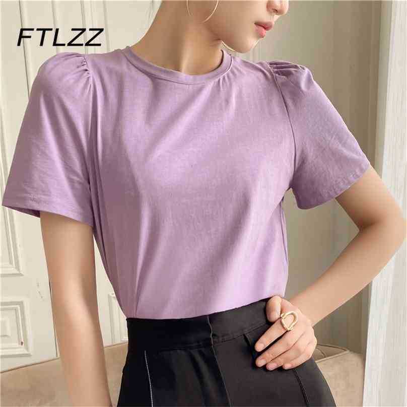 

Women Puff Sleeve T Shirt Summer Short Solid Casual Tops Korean Woman Slim Black Tee Shirts 210525