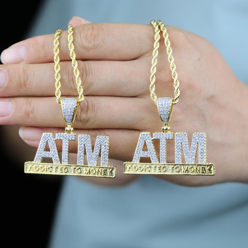 

Chains Iced Out Bling Letters ATM Addicted To Money Pendant Necklaces Gold Color 5A Zircon Long Rope Chain Men's Hip Hop Jewelry