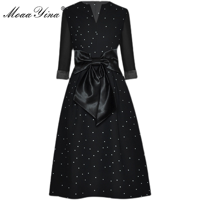 

Fashion Designer dress Summer Women's Dress V-neck Dots Bowknot Black Dresses 210524