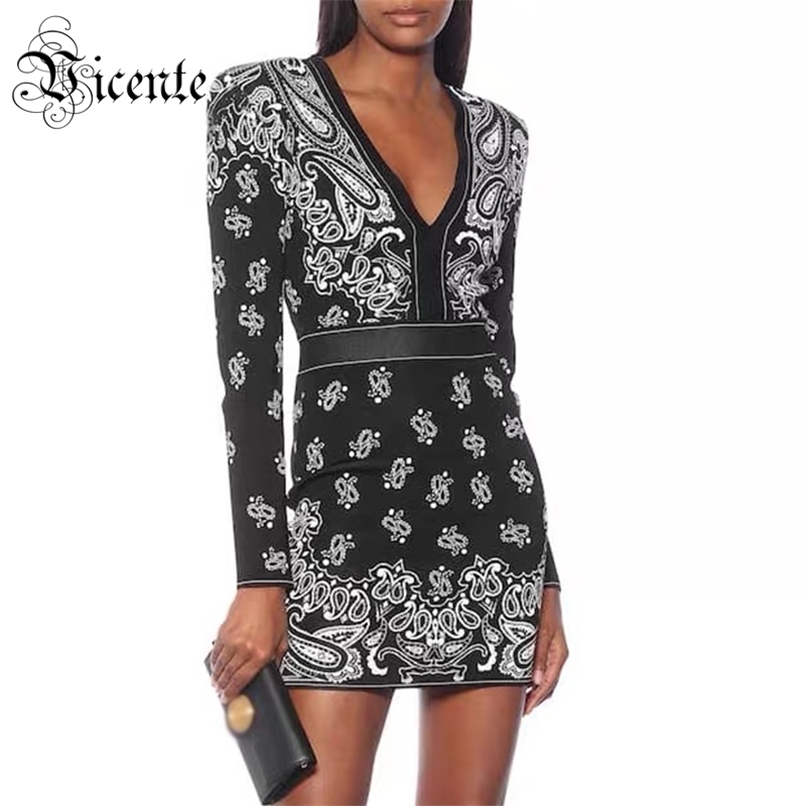 

Trendy Geometric Jacquard Design Sexy V Neck Long Sleeves Celebrity Party Club Bandage Mini Dress 210520, Multi