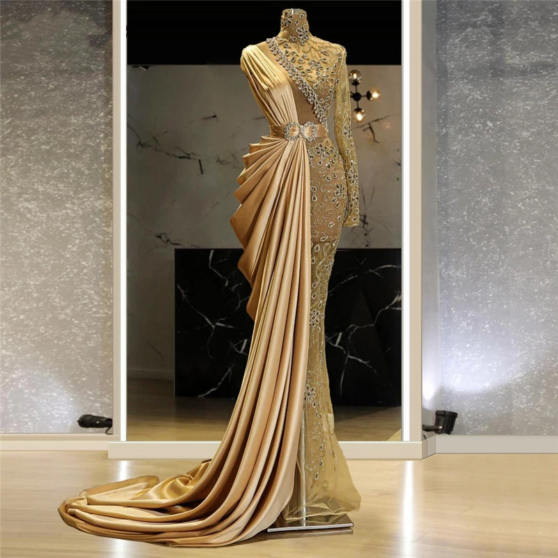 

Luxury Dubai Crystals See Through Evening Dresses 2021 High Neck Long Sleeves Plus Size Formal Prom Party Gowns For Arabic Women, Dark green