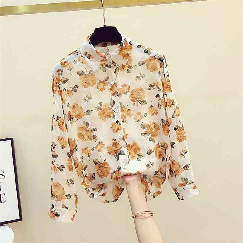 

Autumn Women's Long Sleeves Floral Chiffon Shirt Female Casual Shirts Blouse Tops Ladies Blusas A3378 210519, Beige