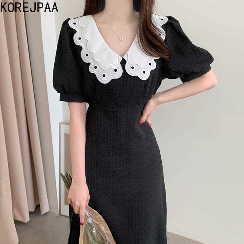 

Korejpaa Women Dress Korea Chic Temperament Double-layer Doll Collar Contrast Pleated Lace-up Waist Bubble Sleeve Vestidos 210526, Creamy-white