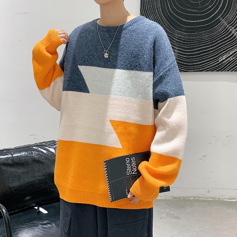 

Men's Sweaters 2021 Fashion Autumn Winter Mens Patchwork Loose Casual Sweater Male Long Sleeve Round Neck Pullover Knitted, Brown
