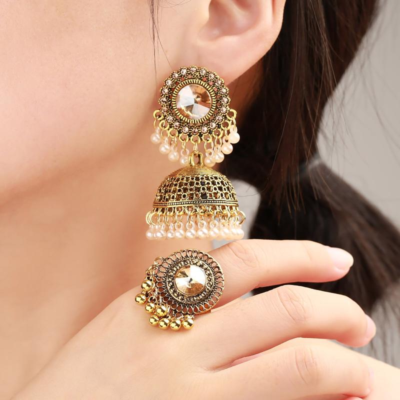 

Earrings & Necklace Afghan Gold Silver Color Alloy Big For Women Crystal Pearls Beads Rings Sets Adjustable Party Jewelry