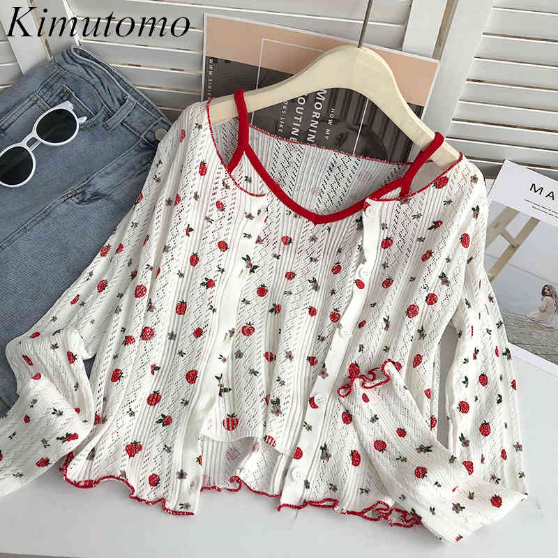

Kimutomo Women Set Summer Sweet Strawberry Jacquard Sleeveless Knitted Short Sling Long-sleeved Cardigan Thin Two Piece Suit 210521, White