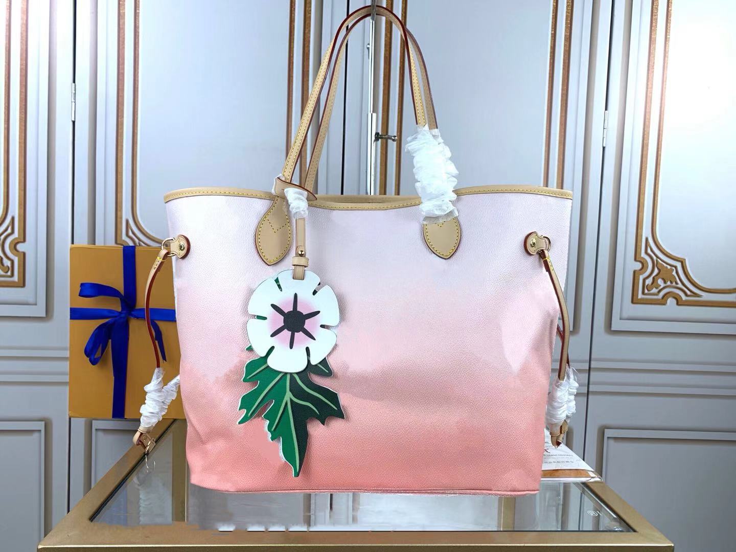 

2021 Summer Designer Shopping Bags Gradient Color Flower Leather 2 Pcs Set With Wallet Women Fashion Composite Bag Ladies handbags Detachable Clutch Purse, Blue