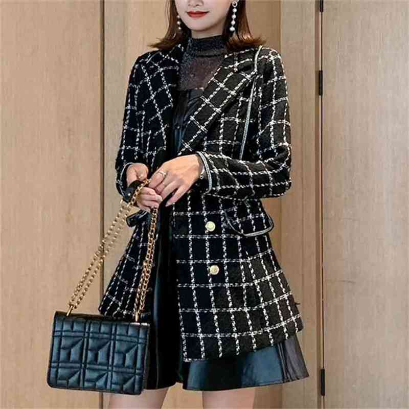 

High Quality Fall Winter Korean OL Women Plaid Double Breasted Long Tweed Coat Fashion Slim Ruffles Outerwear 210603, Picture color