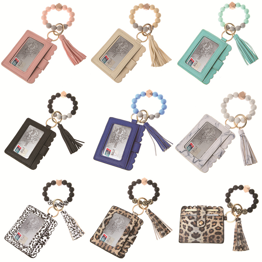 

PU Leather Beaded Bracelet Wallet Keychain Party Favor Tassels Bangle Key Ring Credit Card Bag Holder Silicone Wristlet Keychains Handbag