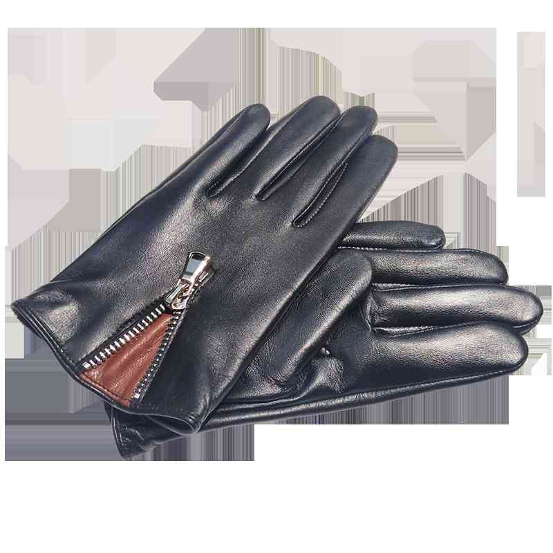

Italian men's leather gloves, unlined, touch screen, luxury, drive, fashion, zipper, black, Black thermal lining