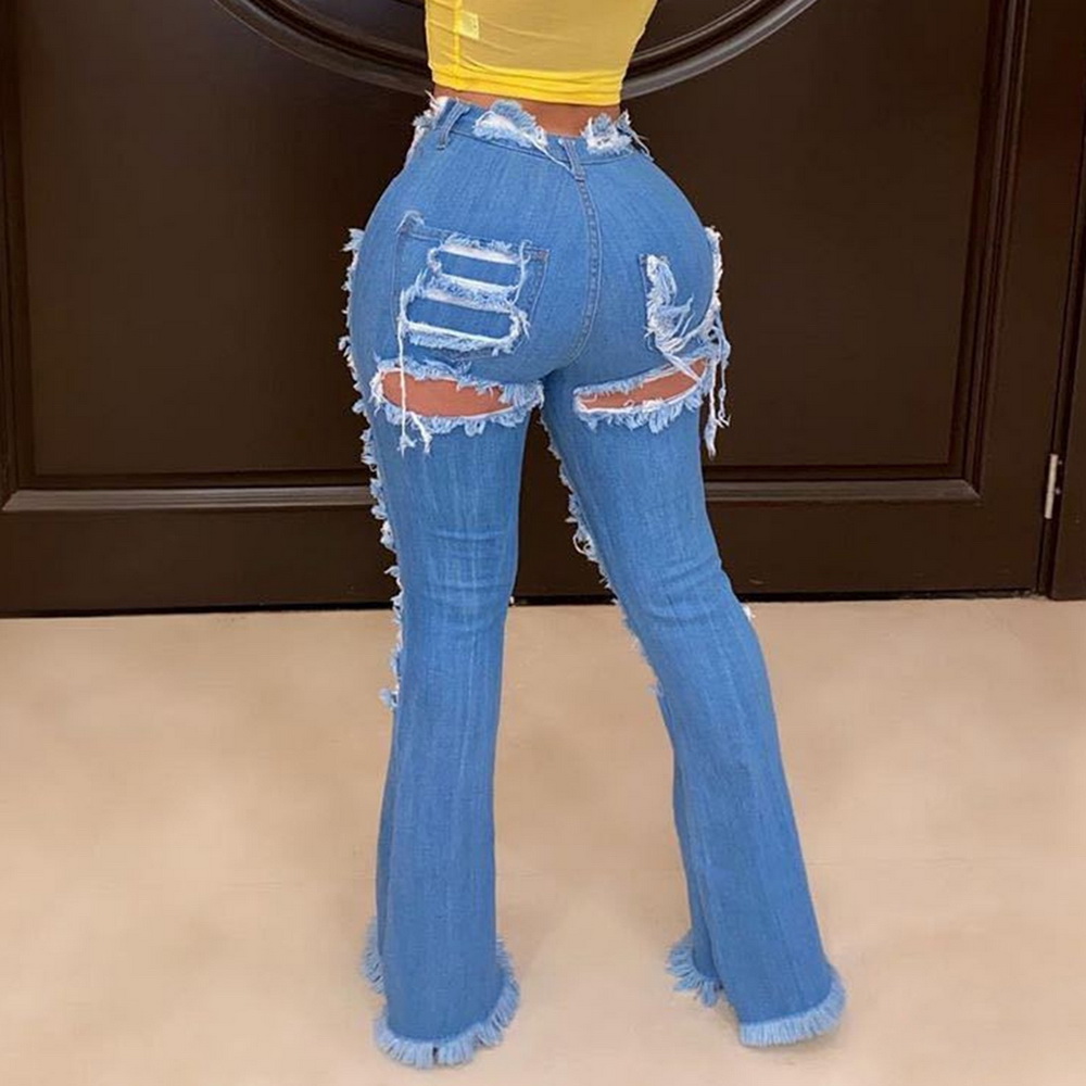 

2021ripped jeans fringe hollow out ruffle flare denim pants high waist bodycon hole women trousers club outfits, Blue