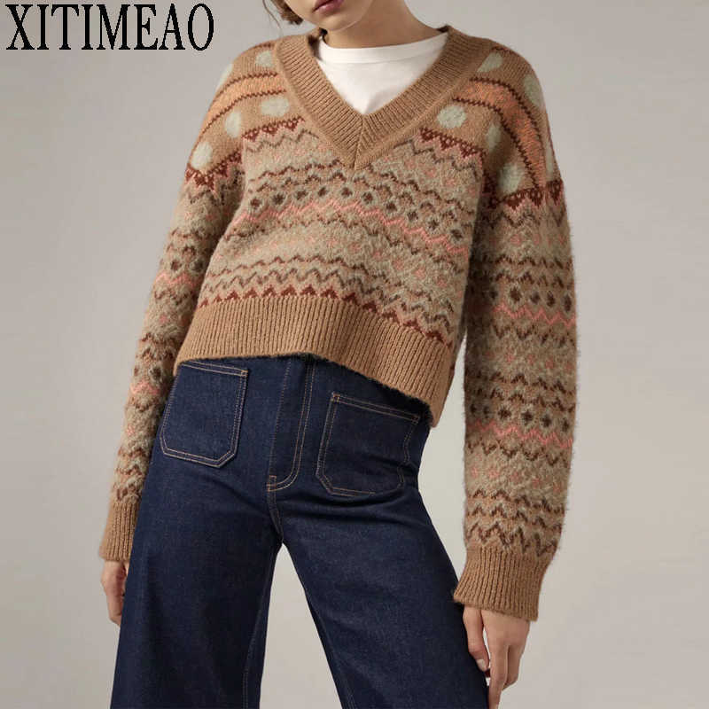 

ZA V-neck Geometric Khaki Knitted sweater Women Casual Houndstooth Lady Pullover Sweaters Female Autumn Winter Retro Jumper 210602, As picture