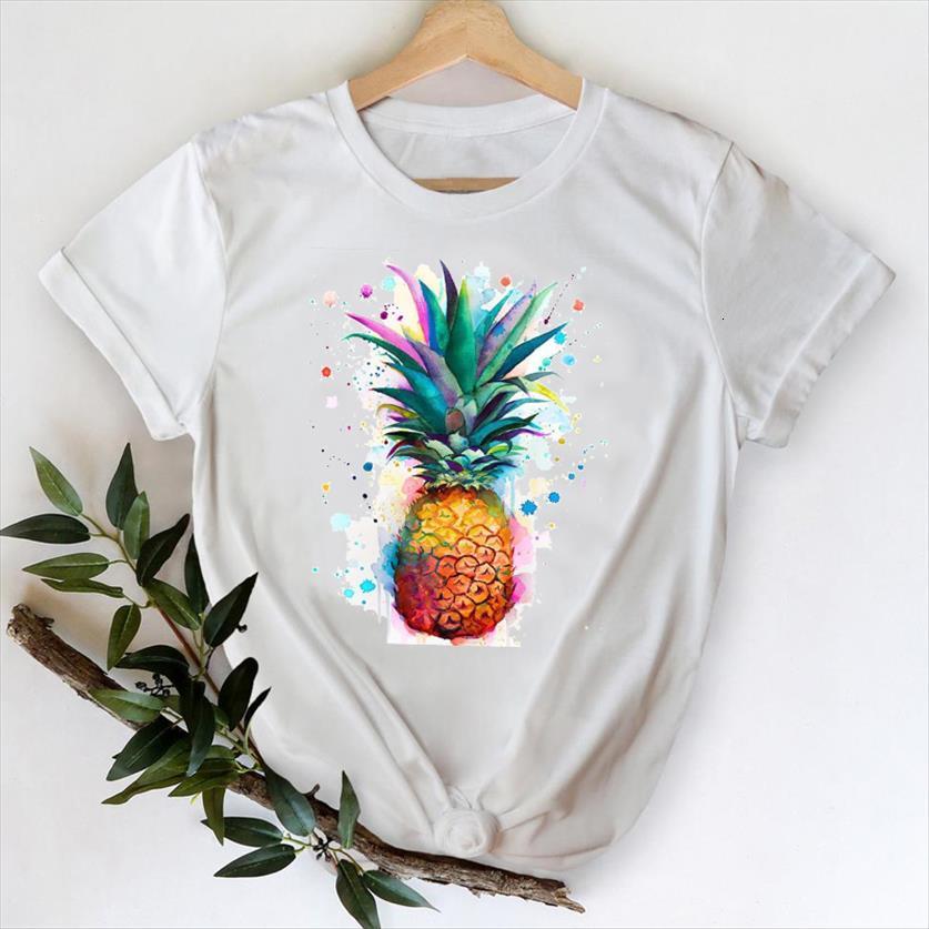 

watercolor pineapple 90s cartoon womens t shirts clothes printing graphic lady print female tee shirt, White