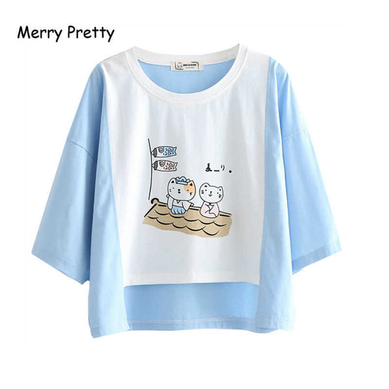 

Merry Pretty Women Cartoon Print Cotton T Shirts Sweet Style Half Sleeve O-Neck Asymmetry Hem Shirt Summer Kawaii ops 210526, Blue