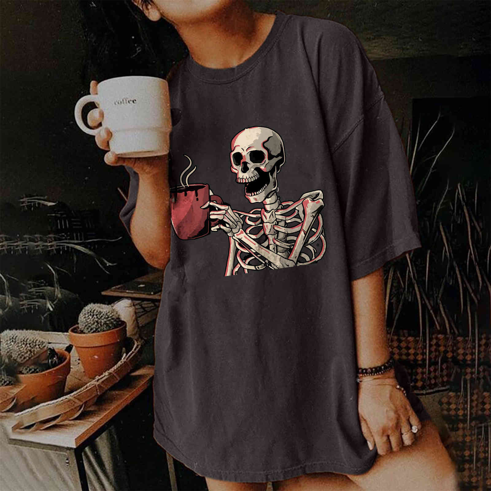 

off shoulder loose large women's short sve t-shirt street trendy t-shirt women's grey style, White
