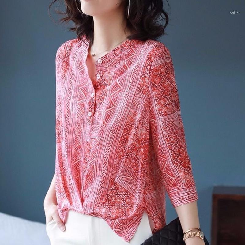 

Button-up Decorative Printed Shirt Femal Stand-up Collar 3/4-sleeve Floral Side Slit Pleated Loose Chiffon Blouse Pullover Women Women's Blo, Coral red