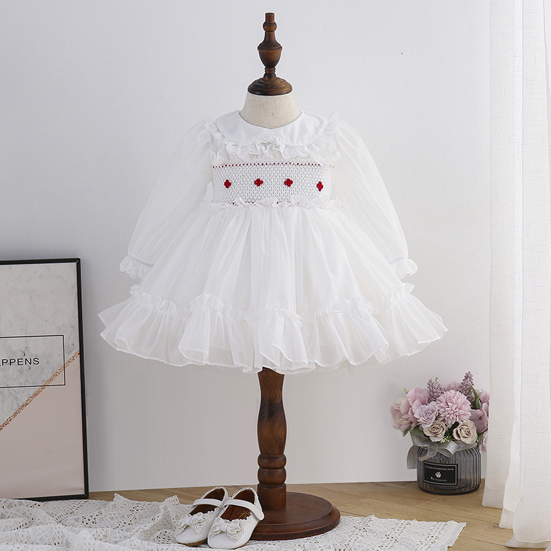 Girls&#039; dresses Baby Girl Smocked White Children Handmade Smocking es Kids Spanish Embroidery Frocks Autumn infant Boutique Clothes-image-673003226