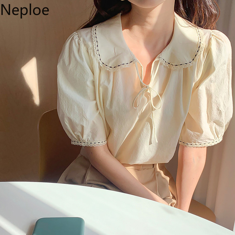 Neploe Blusas De Mujer Peter Pan Collar Lace Up Puff Sleeve Blouses Women Summer Shirts Fashion Blouse Tops Woman Clothes 210422