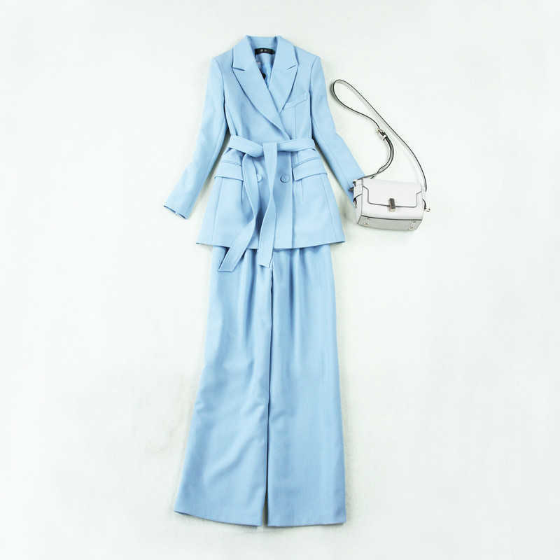 

Plus Size Ladies Temperament Trouser Suit 2-piece Autumn and Winter Professional Wear High Quality Female 210527, Light blue