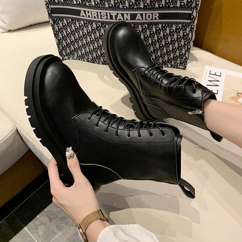 

Autumn Winter Ankle Boots For Women Shoes Woman Solid Black Leather Female Lace Up Platform Motorcycle Plus Size