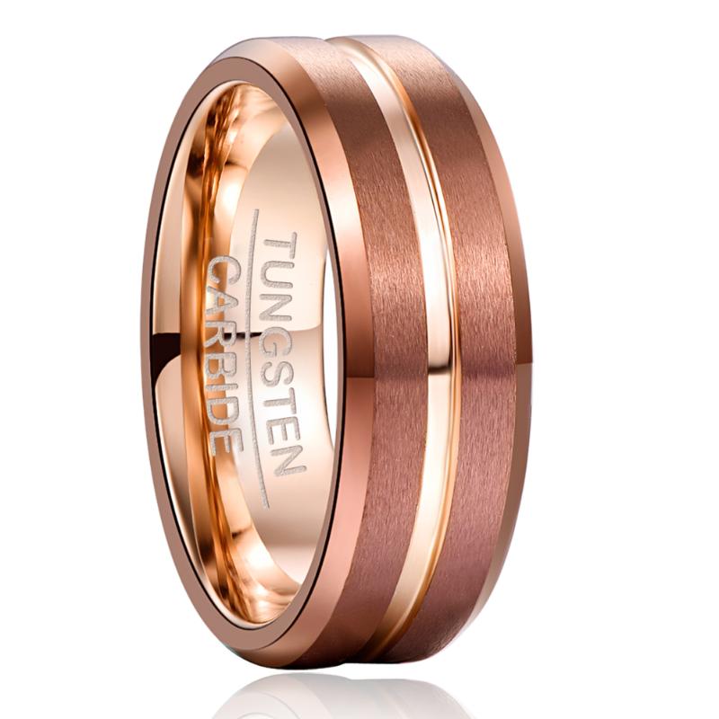 Wedding Rings NUNCAD 8mm Width Tungsten Carbide Ring Brown Plating + Rose Gold Middle Groove Angle Steel Men&#039;s Comfort Fit-image-711445744