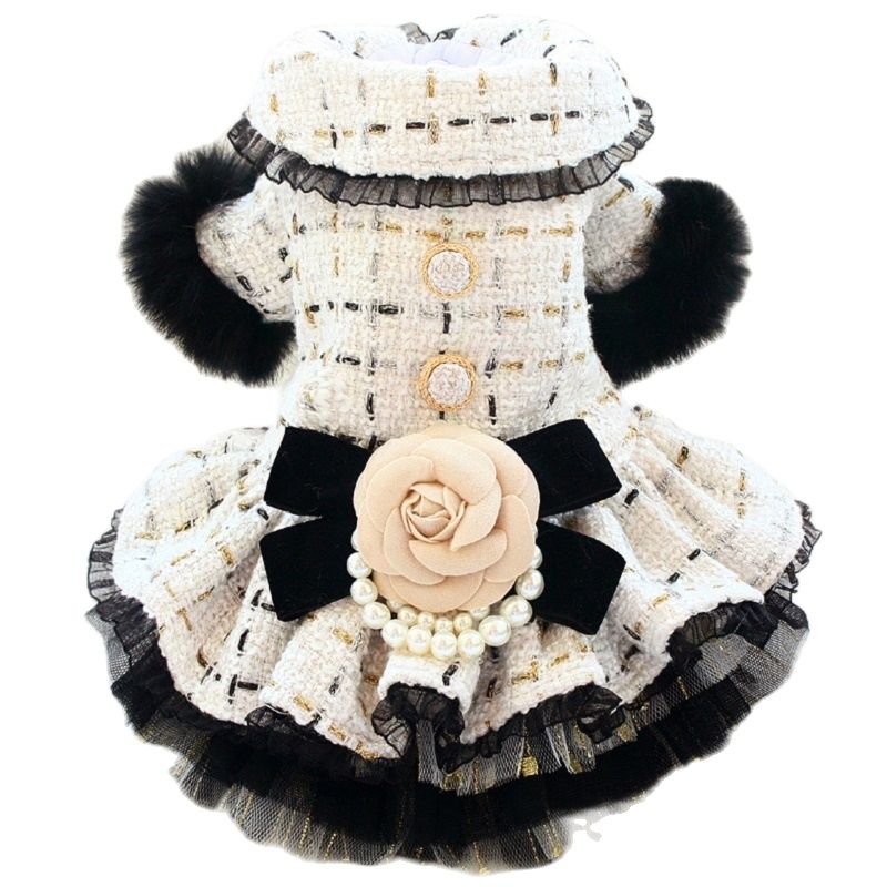 

Handmade Tweed Dog Apparel Pet Clothes Dress Coat Cat Outfit Fashion Design Camellia Bow Poodle Yorkie Maltese, White