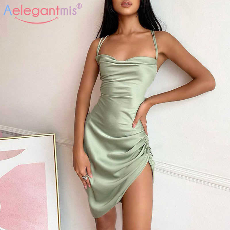 

Aelegantmis Party Satin Sexy Spaghetti-strap Dress Women Spring Backless Lace Up Mini Female Slim Bodycon Vestidos Mujer 210607, Khaki