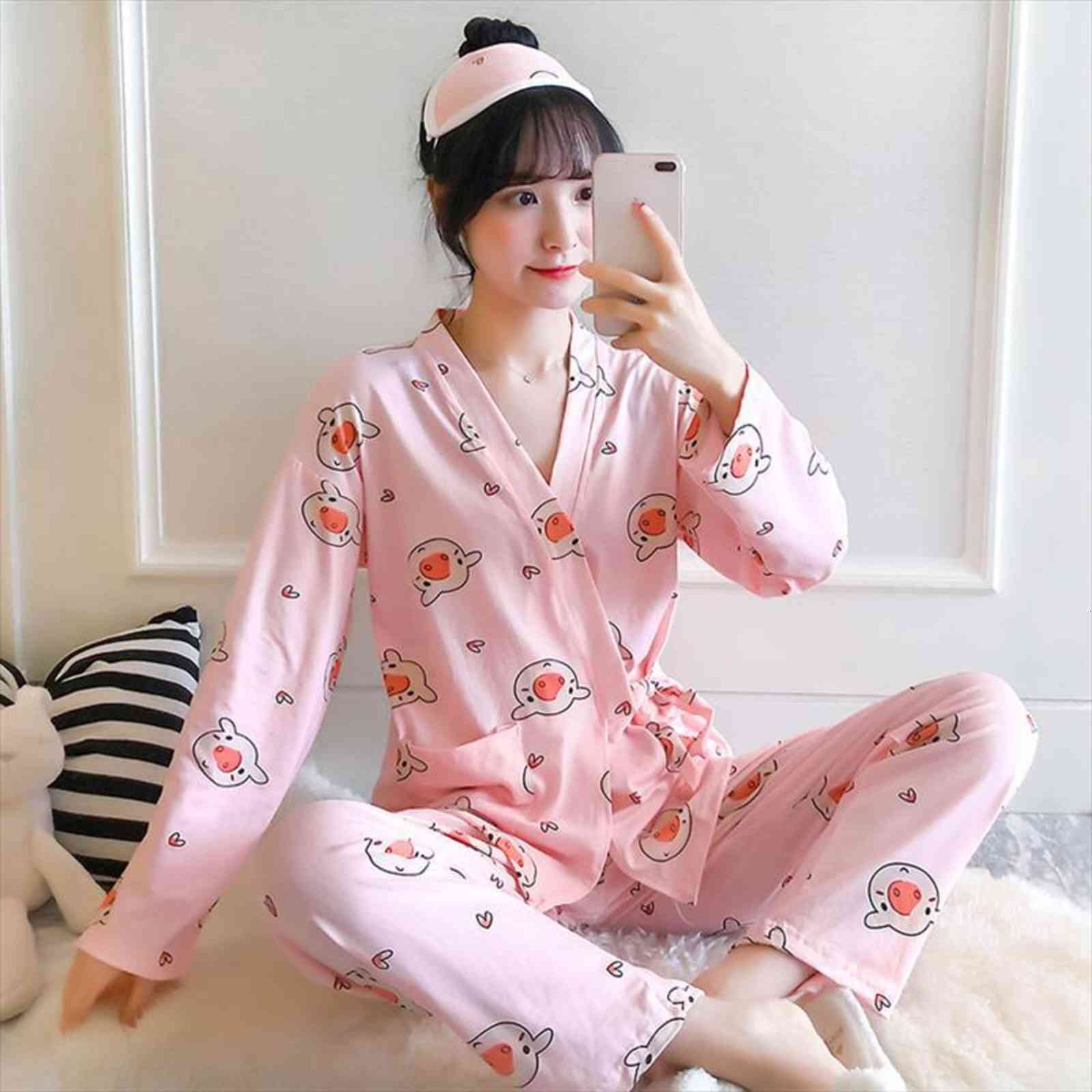 

autumn long sleeve japanese style women sleepwear kimono pajamas set fall strappy 2piece winter pajama suit pink pig home, Black;red
