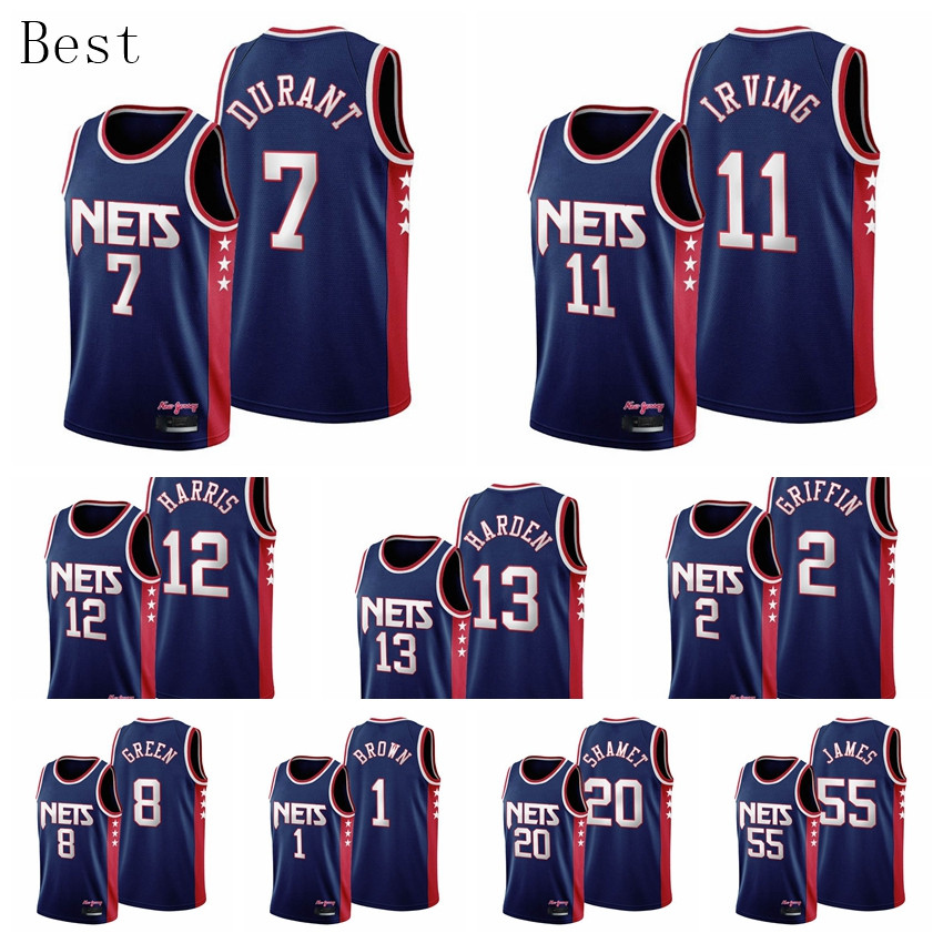

BrooklynNetsMen Basketball Kevin Durant 7 James Harden 13 Kyrie Irving 11 Griffin Joe Harris Navy 2021-22 Edition City Jersey Throwback 90s Wordmark, 12