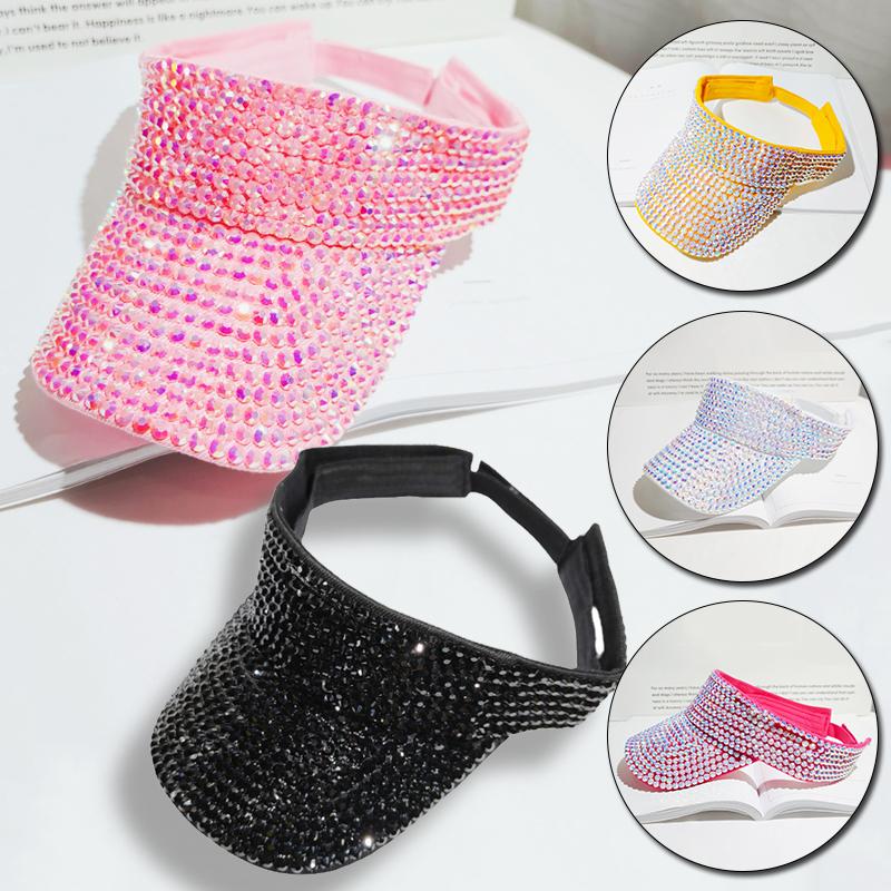 

Wide Brim Hats Women Sun Hat Shining Rhinestone Empty Top Beach Adjustable UV Protection Tennis Golf Running Travel Outdoor Visors Cap, Yellow