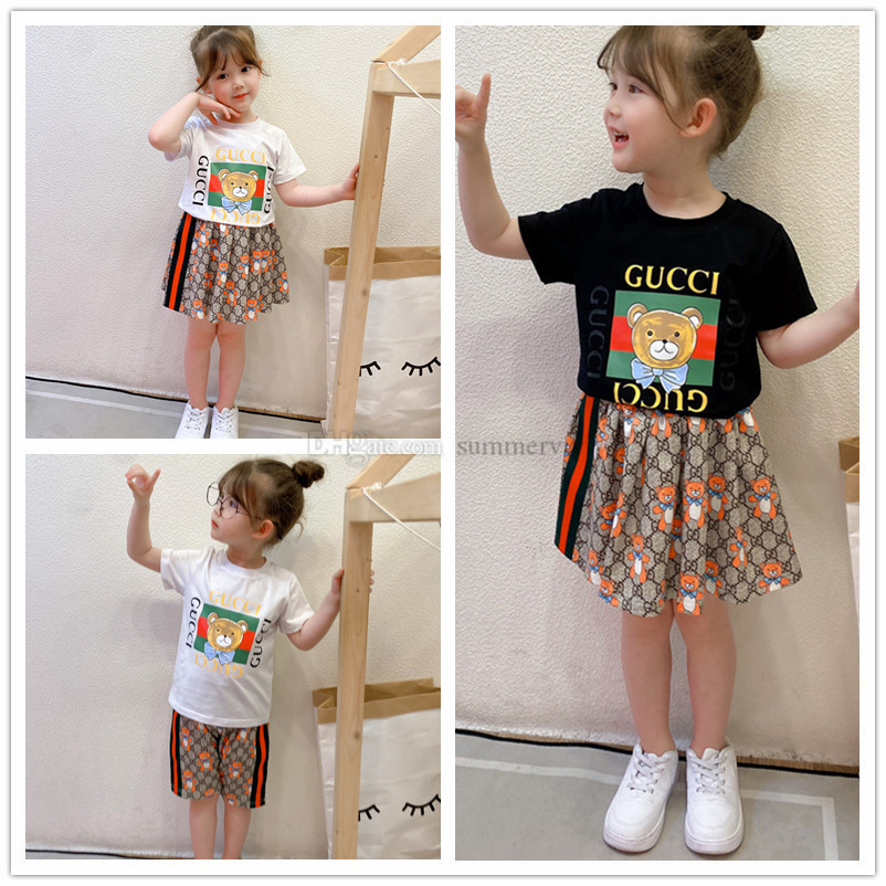 

Luxury Summer Kids clothing sets children letter bear short sleeve T-shirt+cartoon printed shorts skirts 2pcs boys girls designer outfits A6698, White