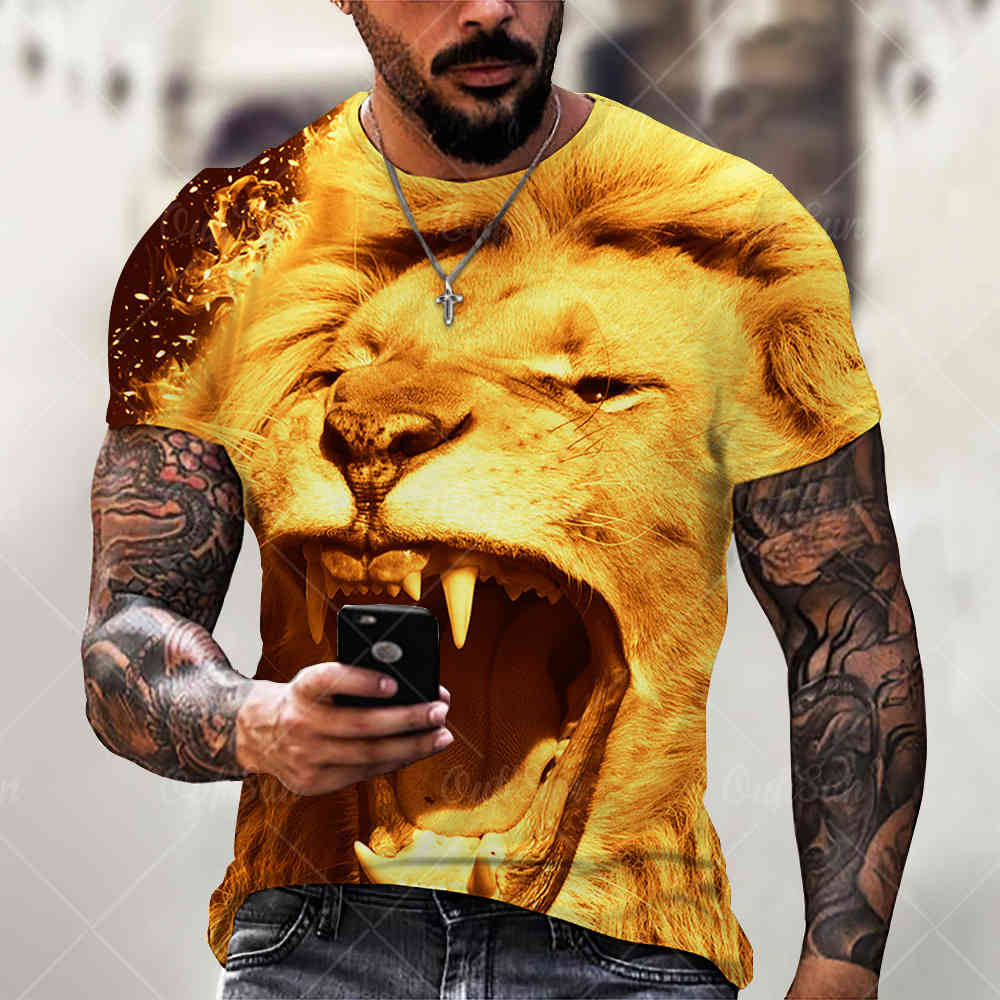 

2021 summer t-shirt fashion new animal digital print lion 3d t-shirt men's short sveqtud, White;black