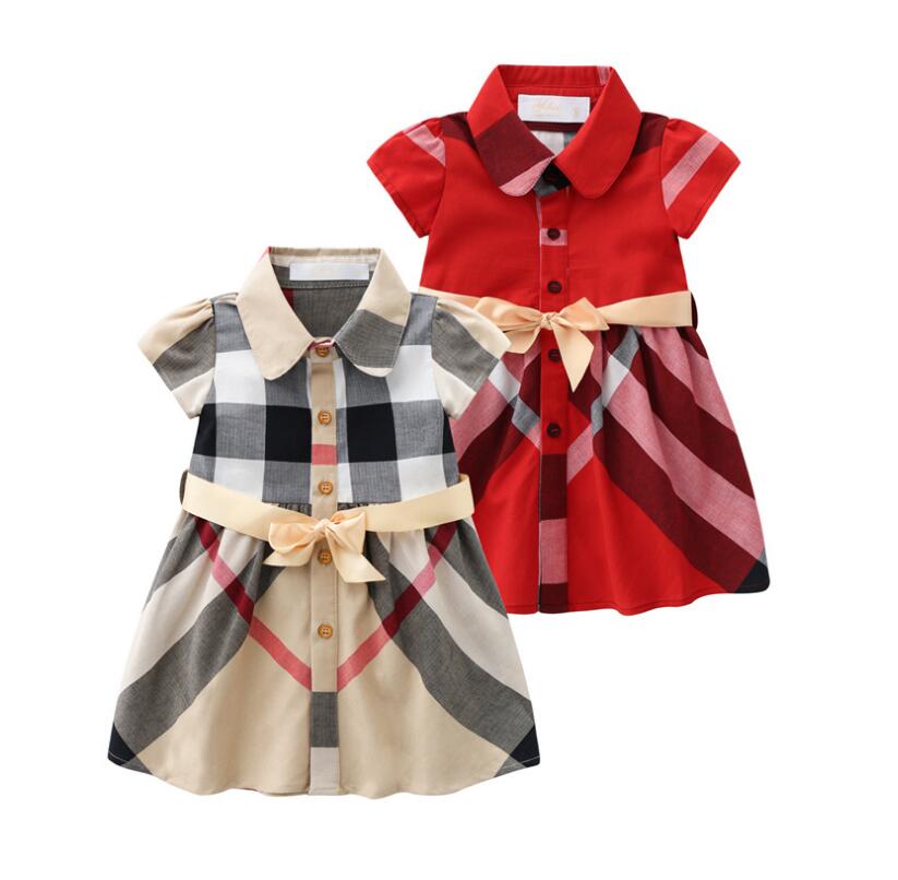 

Cute Baby Girls Princess Dress Summer Kids Plaid Short Sleeve Dresses Turn-Down Collar Girl Skirts Children Clothing, Beige