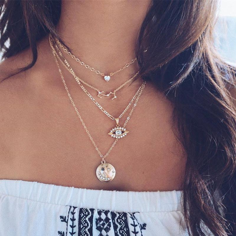 

Pendant Necklaces Boho Fashion Gold Color Constellation Love Heart Eyes Crystal Stars Moon Necklace Clavicle Jewelry Accessories, Silver