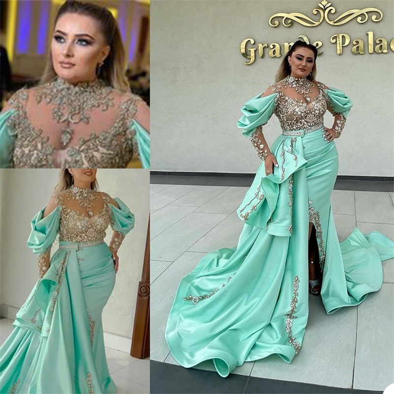 

Newest Pageant Evening Dresses Appliqued Lace Tiered Satin Long Sleeves Mermaid Prom Dress Sweep Train Custom Made Chic Formal Party Gowns, Brown