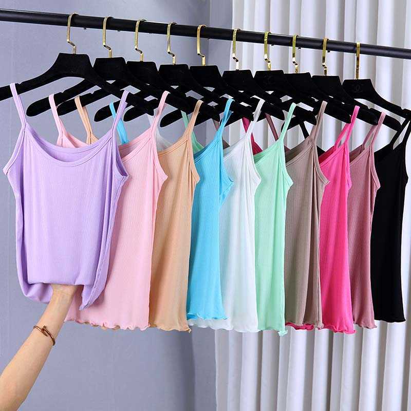 

modal women tank top ribbed spaghetti strap ruched bottom candy color undershirt camisole W816 210526, Color 1