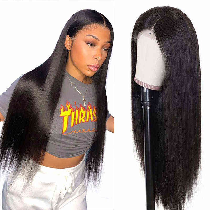 

Brazilian Bla Long Silky Straight Wigs Human Hair Heat Ristant Gluels Synthetic Lace Front Wig for Fashion Women, Black
