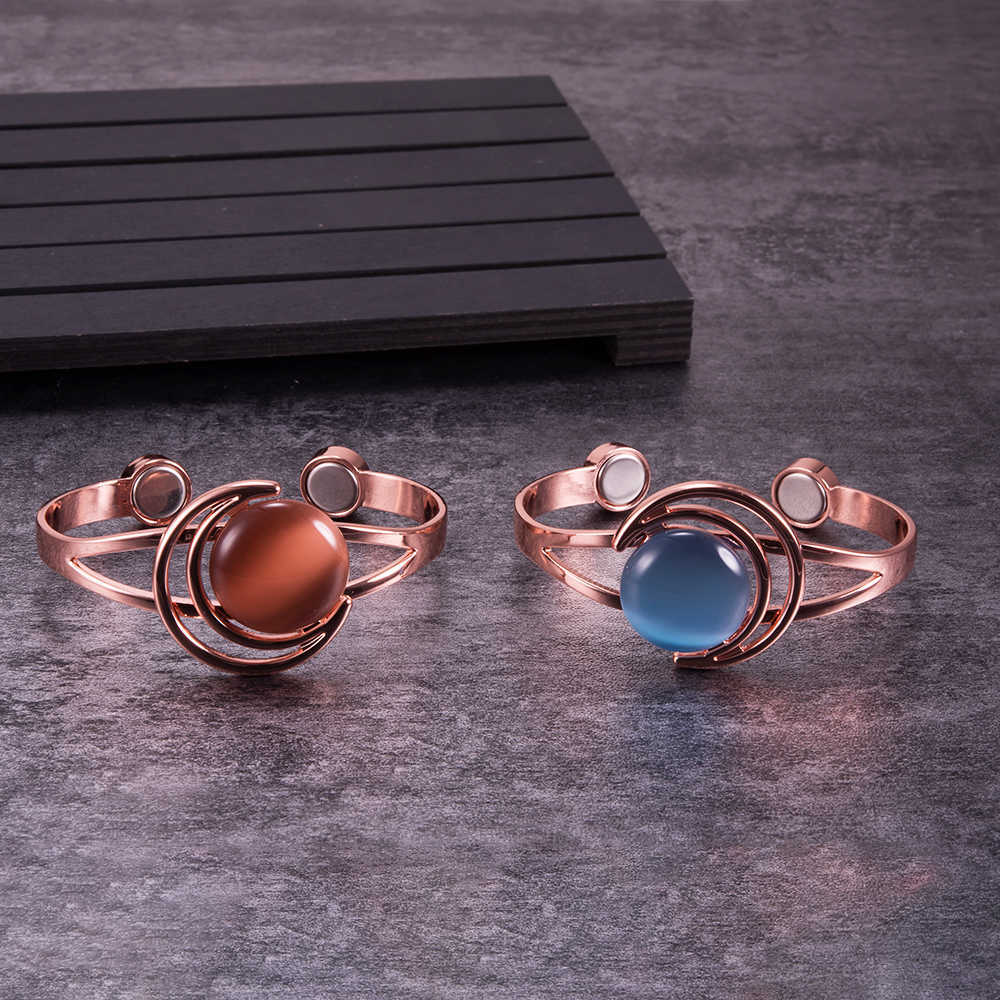 

Adjustable Magnetic Bracelet Copper Energy Brown Blue Stone Pure Copper Magnetic Bracelet Arthritis Moon Sun Bangle for Women Q0717