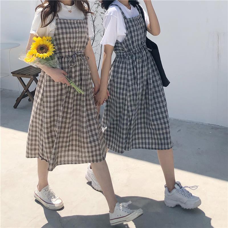 

summer women dress spaghetti strap plaid high waist sleeveless long casual loose kawaii dresses lolita sundress, Black;gray