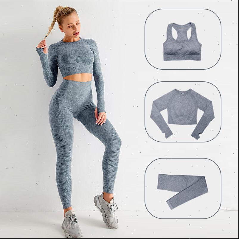 

athvotar tracksuit two piece women tracksuits set long sleeve crop high waist seamless sport clothing, Gray